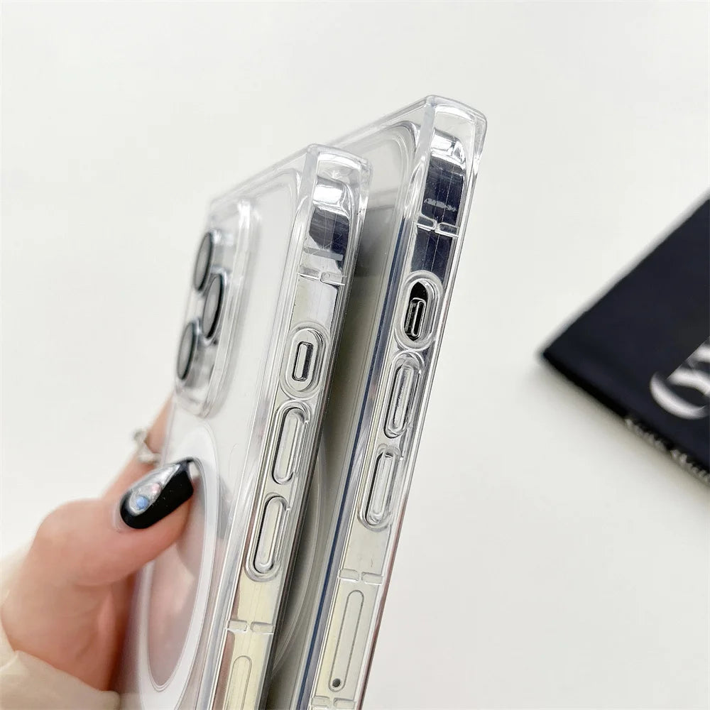 Luxury 2 in 1 Square Magnetic Wireless Charging Case for iPhone 16 Pro Max 12 13 Pro 14 15 16 Plus Transparent Clear Rugged Case