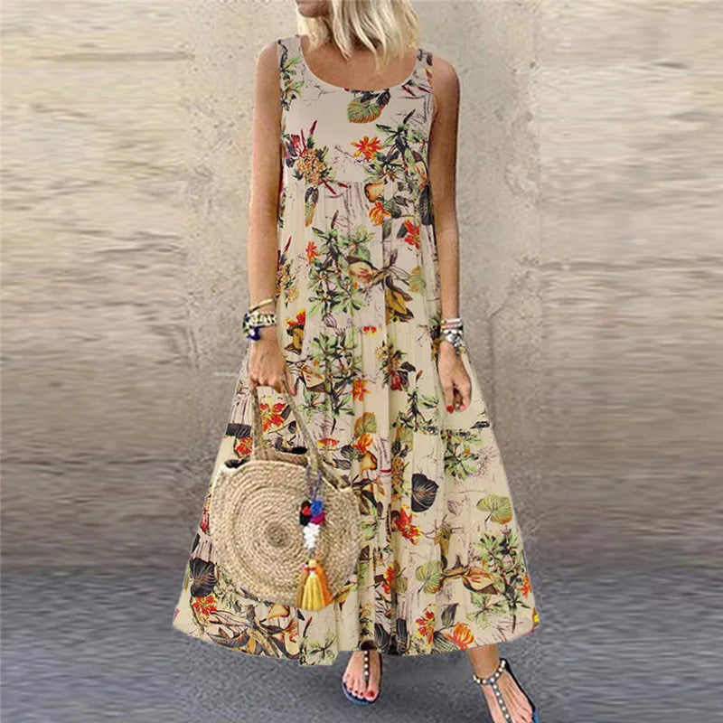 Women's Floral Boho Midi Dress – Loose Sleeveless Summer Dress
