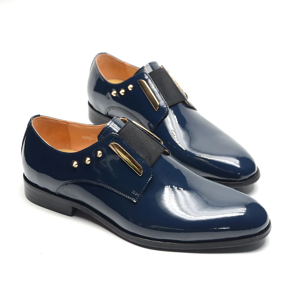 Luxury Men's Party Evening Dress Shoes 2024 Natural Cowhide Patent Leather Gold Rivets Suits Loafers Elastic Band Slip-on Derby