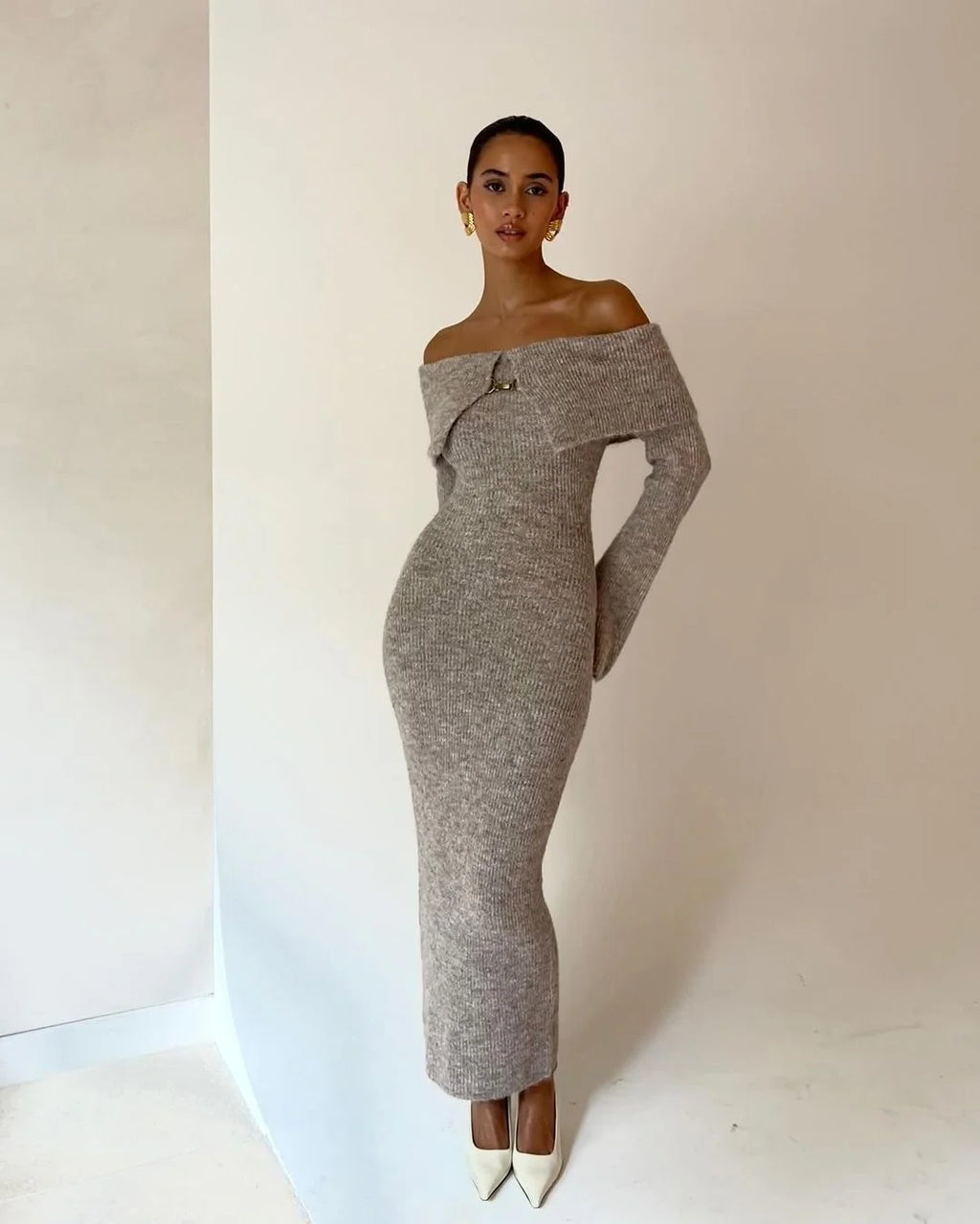 Luxury Fluffy Solid Knitted Off Shoulder Midi Dress Women 2024 Fall Winter Elegant Bodycon Flared Long Sleeve Sweater Long Dress
