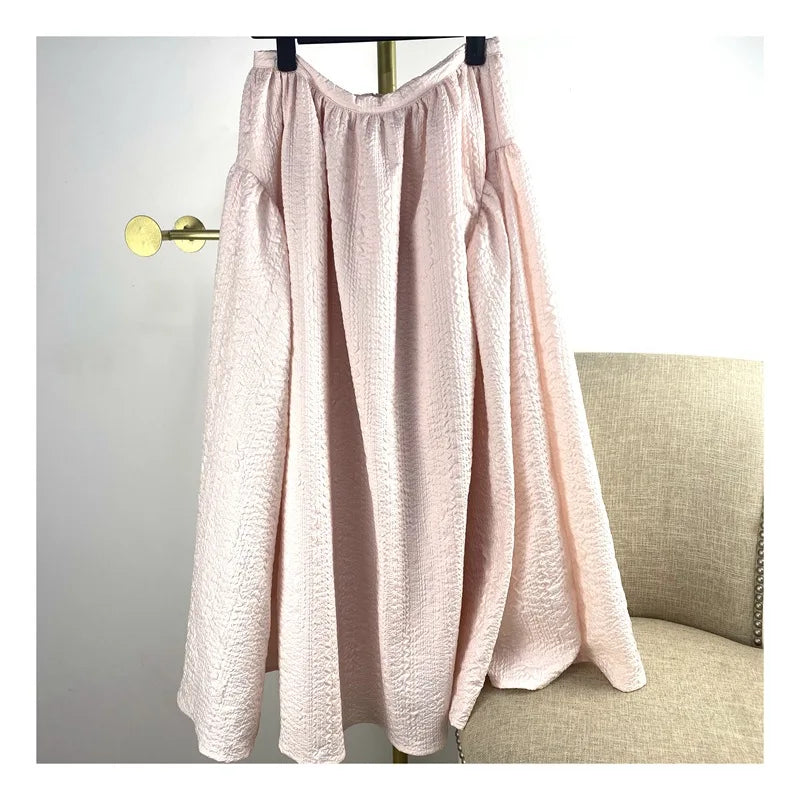 Elastic Waist A-Line Party Bubble Skirt Solid Color Big Hem Puffy Midi Skirt Evening Dress Daily Casual Women Outerwear Clothing