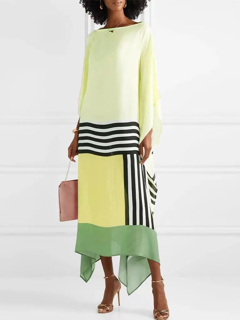 Retro Striped Print Patchwork Irregular Dress Women Spring Batwing Sleeve Loose Long Dress Summer Sexy Crew Neck Boho Maxi Dress