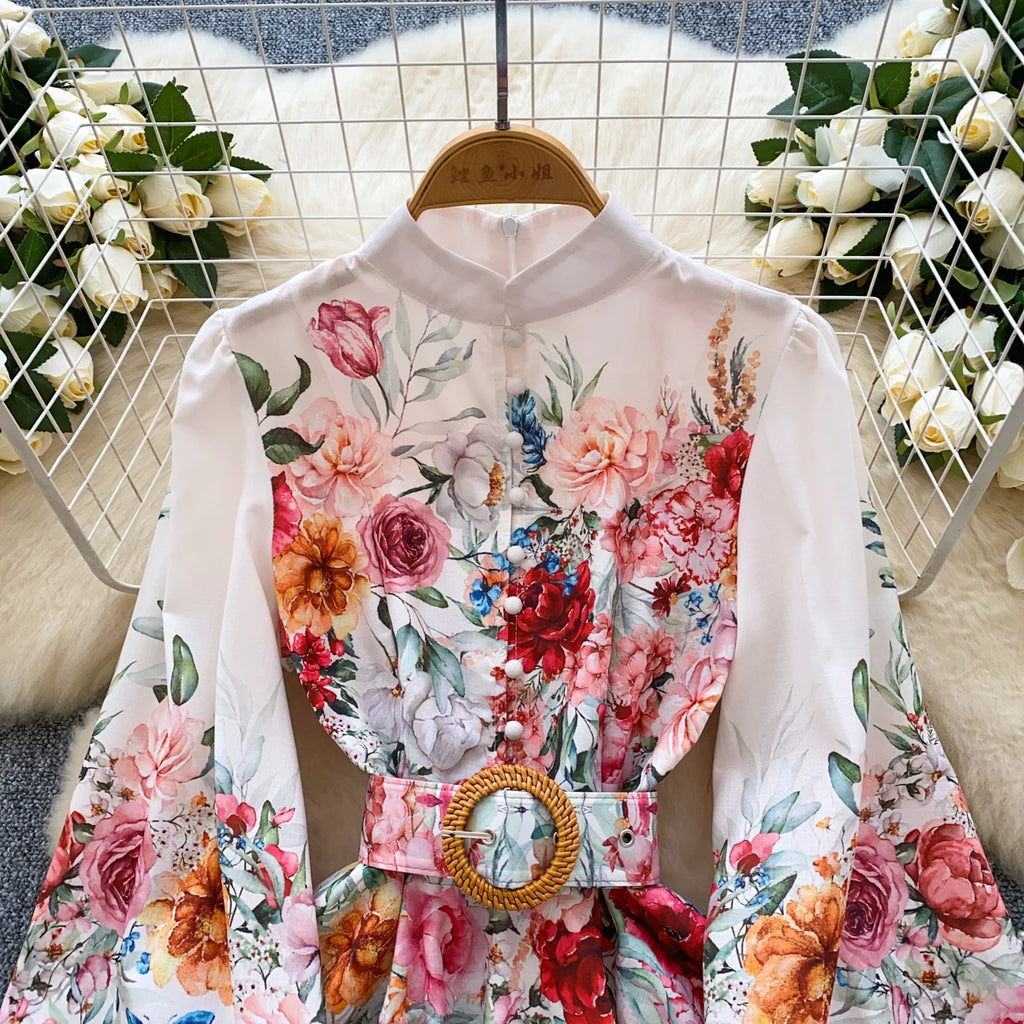France Elegant Vintage Palace Evening Dress Women Sashes Button Print Short Party Dress Female Casual Chic Festival Clothing New