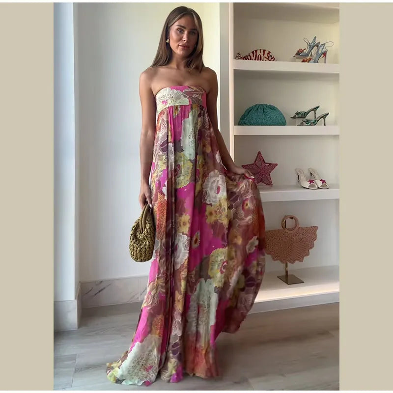 Chic Floral Print Pleated Long Dress Women's Sexy Strapless Backless Loose Party Vestidos 2025 Summer Lady High Street Robes New