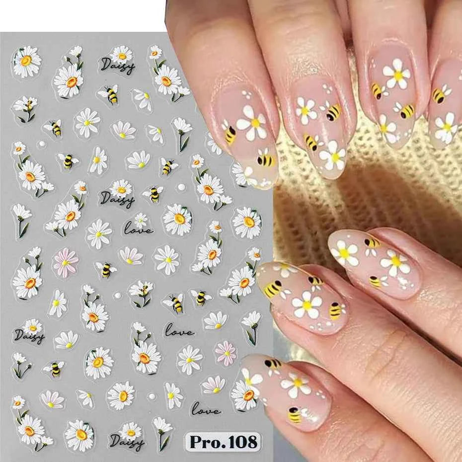 Daisy Dreams Nail Stickers - 5D White Flower & Bee Design, Self-Adhesive Acrylic Decals for DIY Manicure Magic