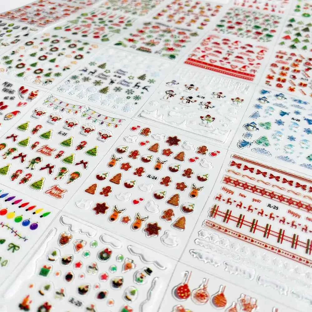 Festive Nail Art Stickers – 30pcs Glitter Christmas Designs with Snowmen, Elks, Santa, and Candy Canes for Winter Manicure