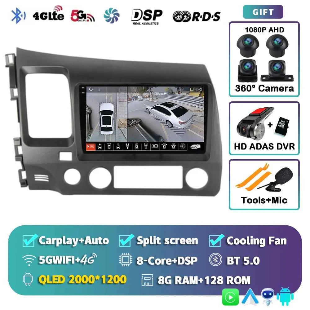 Android 15 Car radio For Honda Civic 8th 2005-2011 Carplay Android auto Qualcomm Car stereo Multimedia player 4G wifi 48EQ 2 din