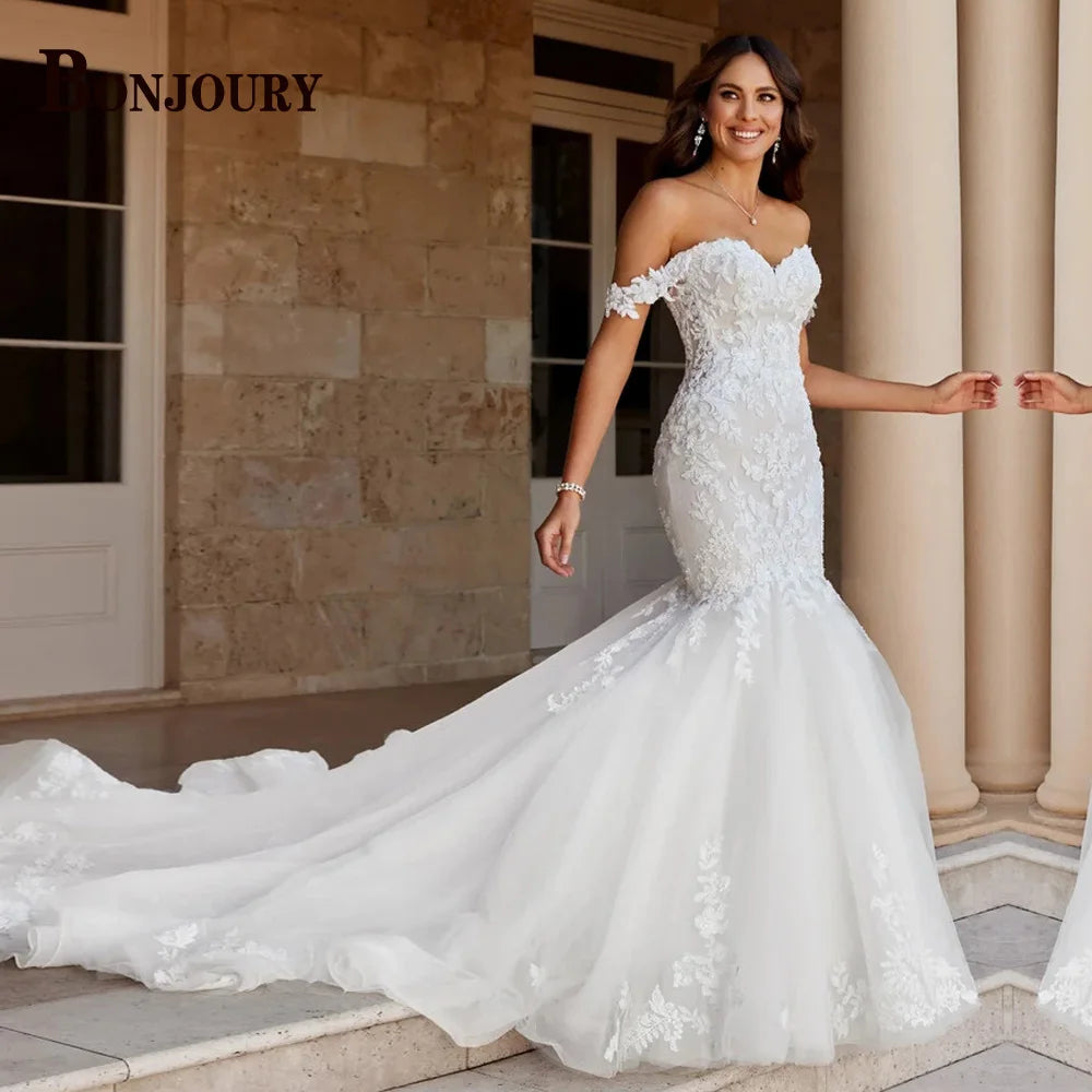 BONJOURY V-neck Satin Wedding Dress with Pockets & Chapel Train for Confident Brides