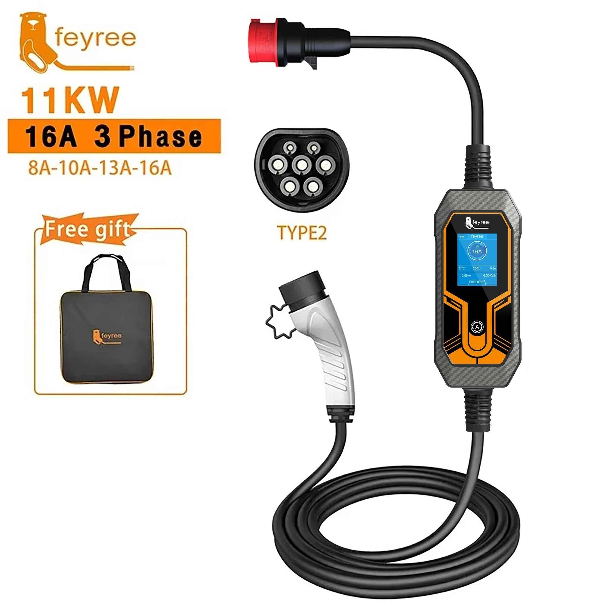 feyree 32A 7KW Type2 EV Portable Charger 11KW 16A 3 Phase 5M Cable EVSE Charging Box Car Charger CEE Plug for Electric Vehicle
