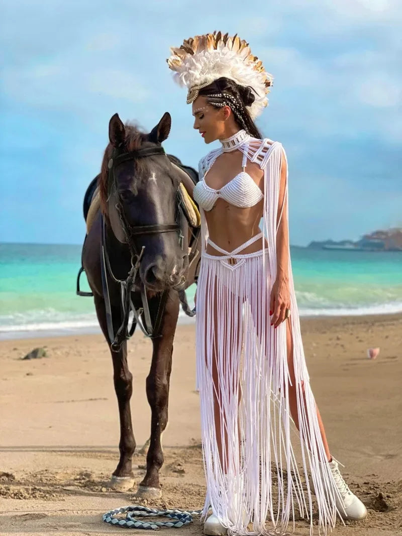 Design Sexy Tassel Outfits Hand Made Greek Goddess Roman Lady Dress Bohemia Vocation Beach Party Women Two Pieces Set