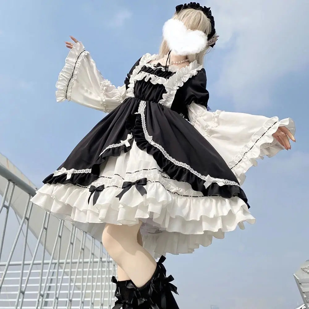 Contrast Color Japanese Dress Women Ruffled Patchwork High Waist Fairy Robe Y2k Aesthetic Ladies Sweet Dresses Vestido De Mujer
