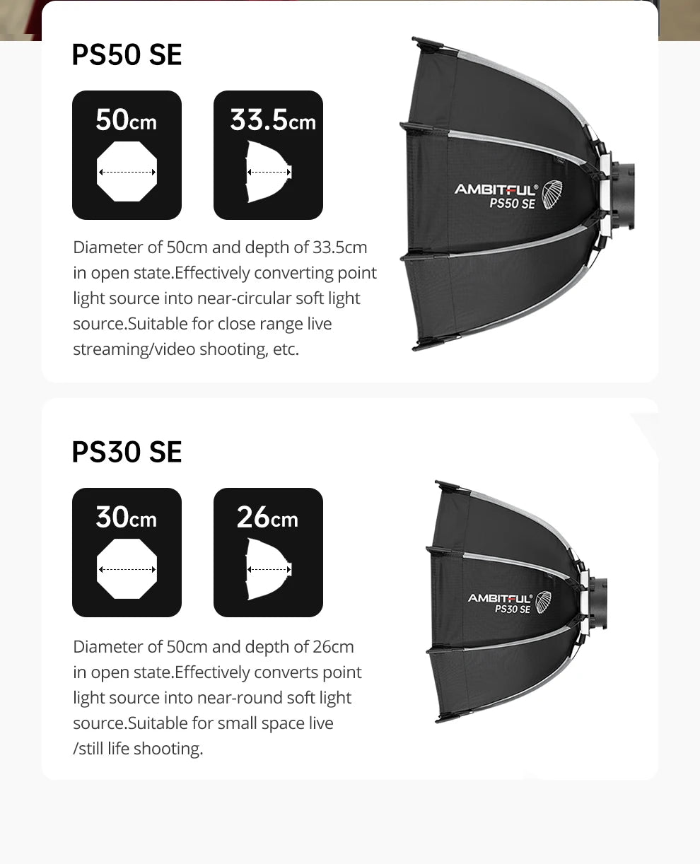 AMBITFUL PS30/PS50 SE 30cm 55cm mini Quickly Release Bowens Mount Octagon Softbox + Honeycomb Grid Outdoor SoftBox for LED Flash