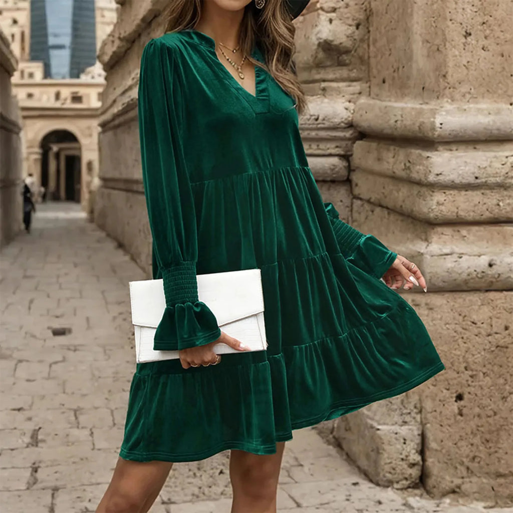 Elegant Vogue Velvet Midi Dress - Long Sleeve V-Neck, High Waist, Chic Style for Evening Parties & Christmas Celebrations