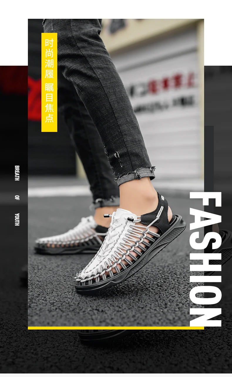 2023 Summer Men's  Sandals Lace Up Hand Woven Sandals Thick Soled Soft Non Slip Casual Shoes High Quality Couple Beach Shoes