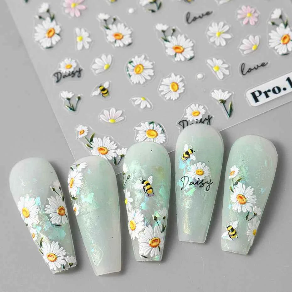 Daisy Dreams Nail Stickers - 5D White Flower & Bee Design, Self-Adhesive Acrylic Decals for DIY Manicure Magic