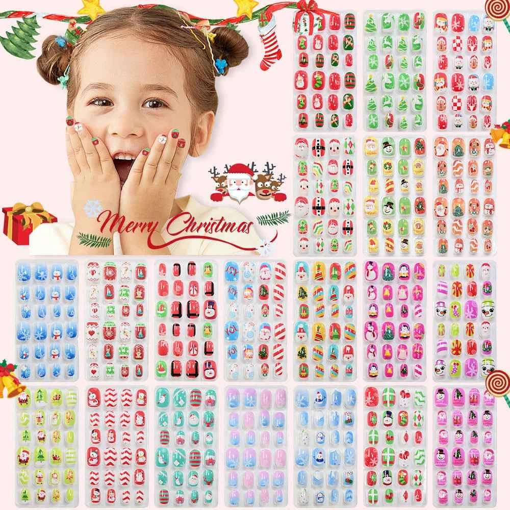 24pcs Princess Girls Christmas Press On Nails Candy Color Kawaii Christmas Tree Snowman False Nails New Year Children Fasle Nail
