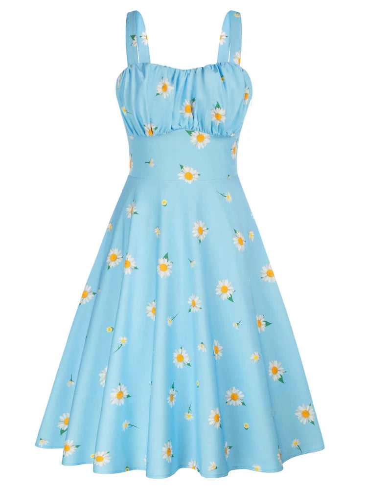 Vintage Charm Summer Midi Dress - Cute Print, Ruched Bust, High Waist for Effortless Beach Style