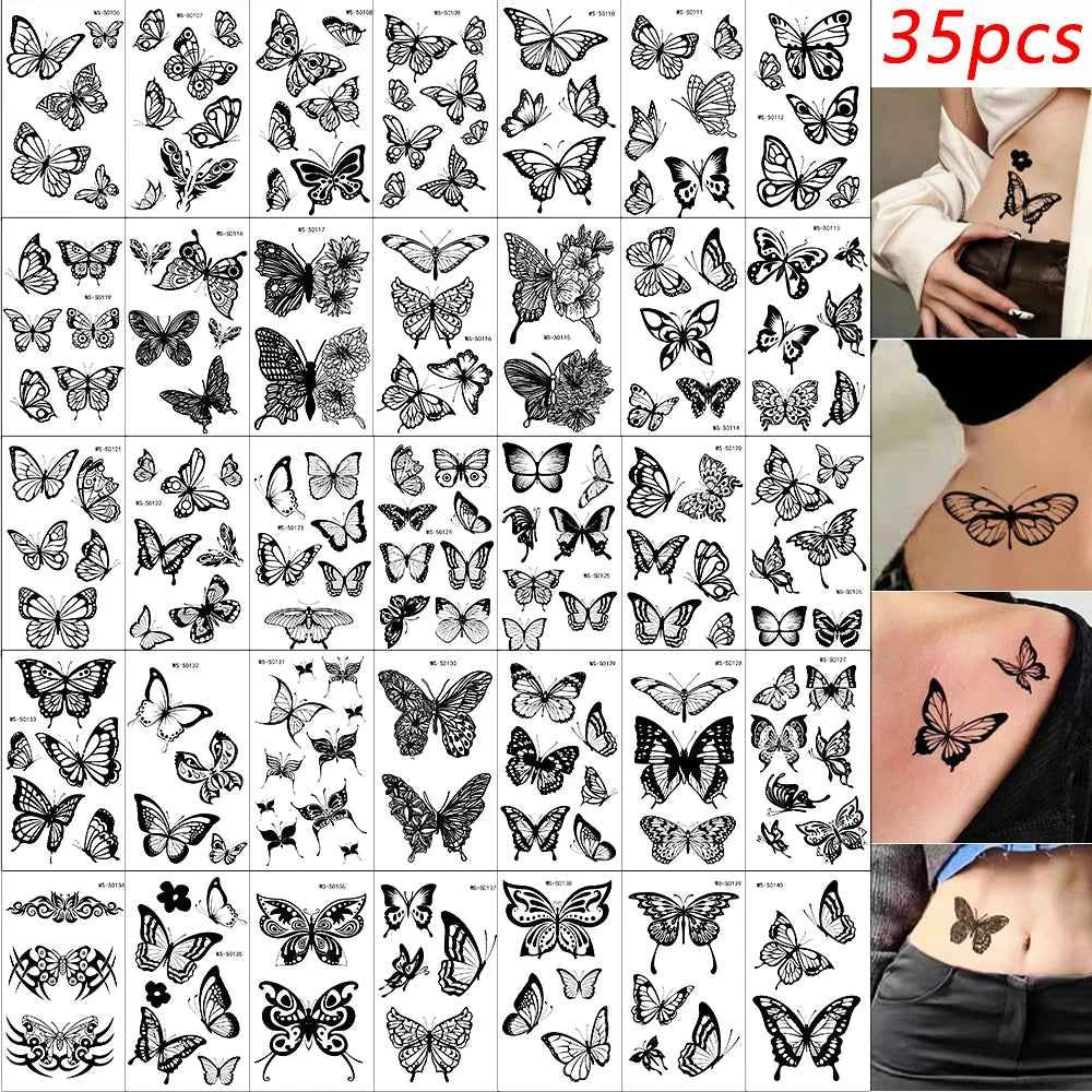35pcs Realistic Peony Rose Temporary Tattoo Deer Crescent Floral Body Art Waterproof Stickers Lasting Arm Leg Hand Neck Tattoos*