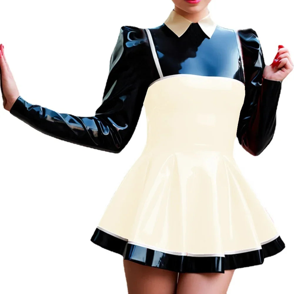 Curvy Couture Plus Size A-Line Patchwork Mini Dress - Long Puff Sleeves, PVC Leather for Night Out Style