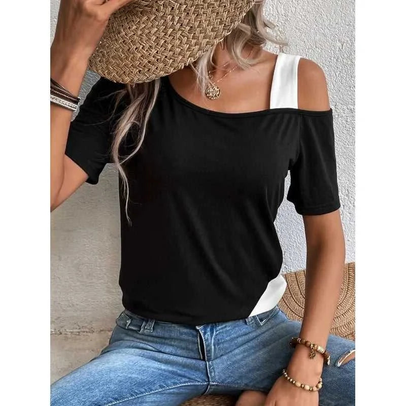 Chic Color Blocking Short Sleeved Women Solid Color Off Shoulder Asymmetric T-Shirt Female Summer Casual Tops The jack market .AU The jack market .AU Woman Fashion $ 57 14:193#pink black;5:361385
