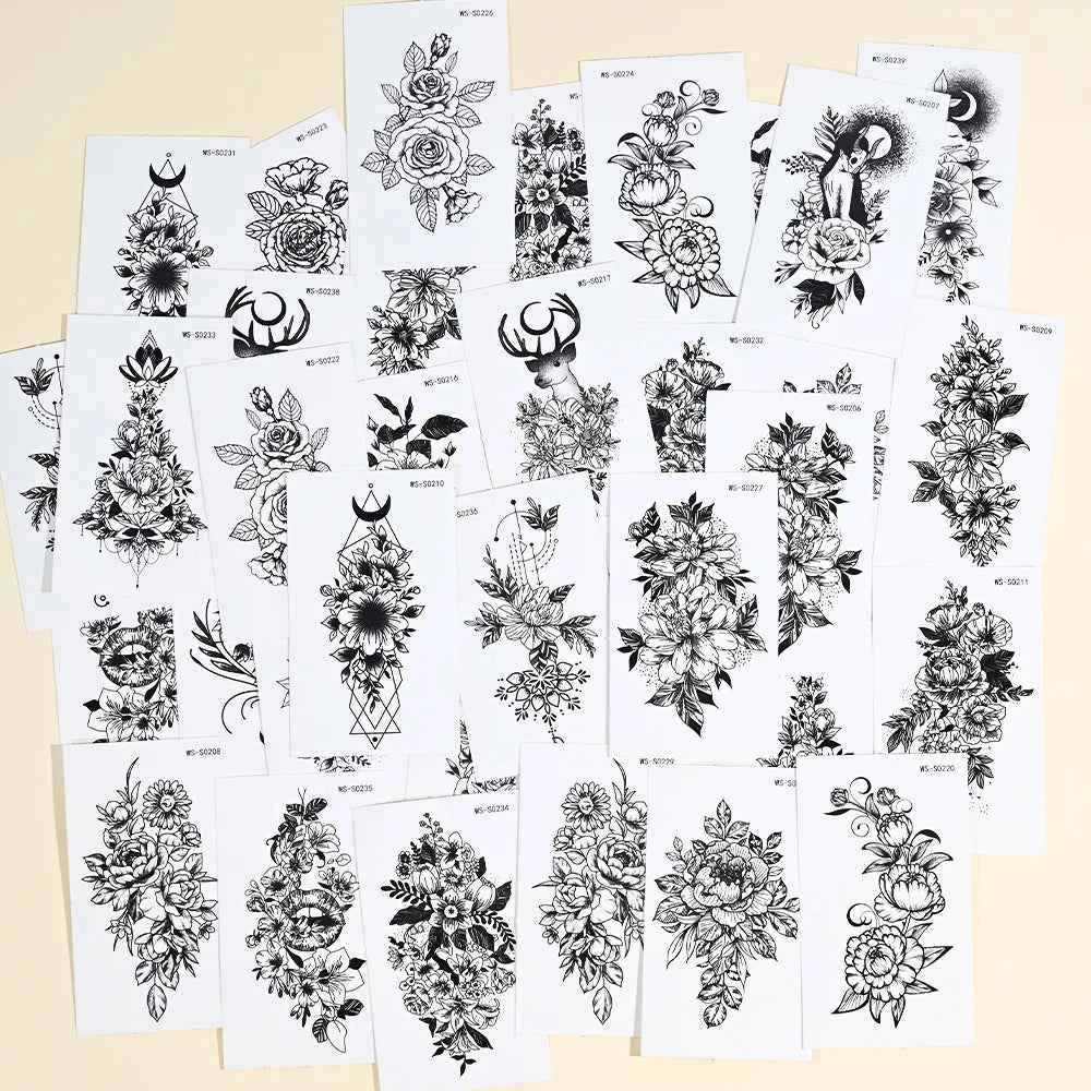 35pcs Realistic Peony Rose Temporary Tattoo Deer Crescent Floral Body Art Waterproof Stickers Lasting Arm Leg Hand Neck Tattoos*