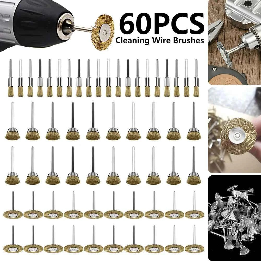 36/60Pcs Brass Brush Steel Wire Wheels Brushes Drill Rotary Tools Polishing Dremel Rotary Tools Metal Rust Removal Brush Set