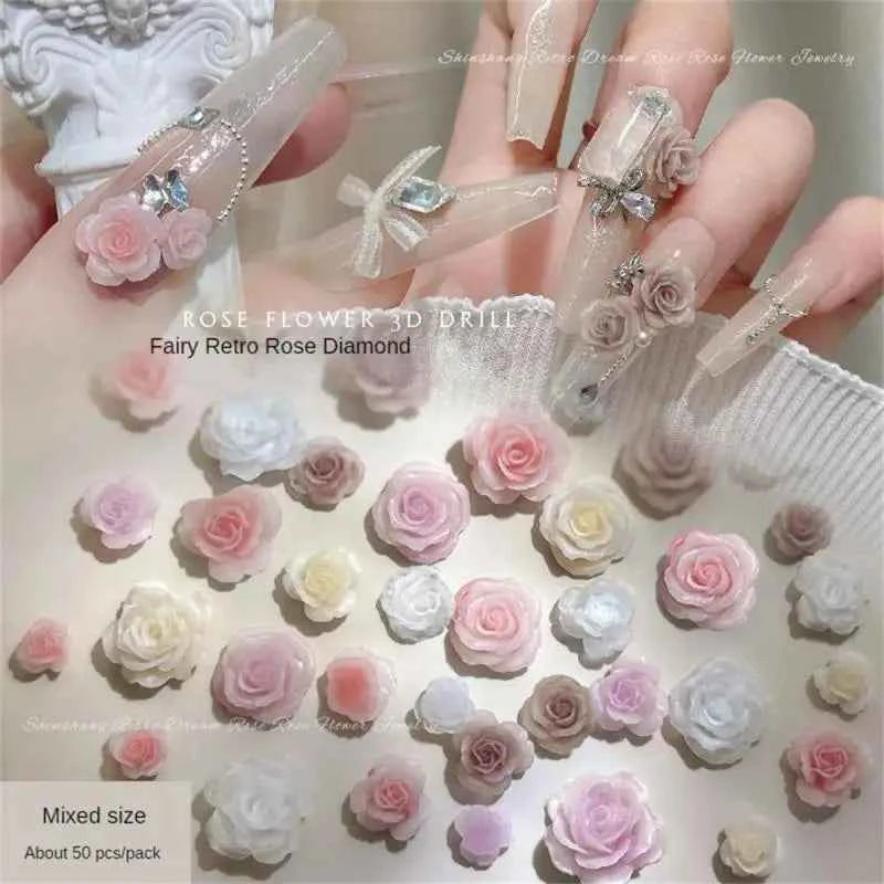 Rose Charm Nail Jewelry - Vintage Resin Camellia with Diamond Accents - Mixed Sizes for Stunning Nail Art