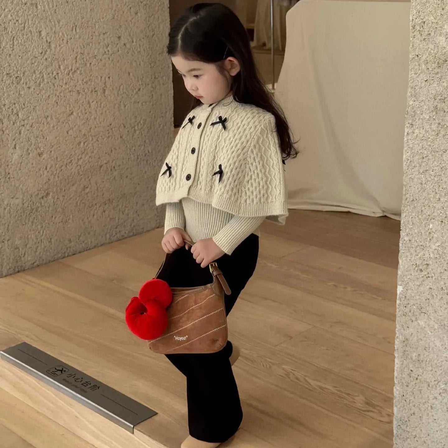2025 Autumn New Children Clothing Korean Children Clothing Girls Retro Bow Sweater Cape Sweater Two Piece Set The jack market .AU The jack market .AU Mum & Kids: Essential Products for Every Family $ 35 14:193#pant;200000463:200004187#90cm