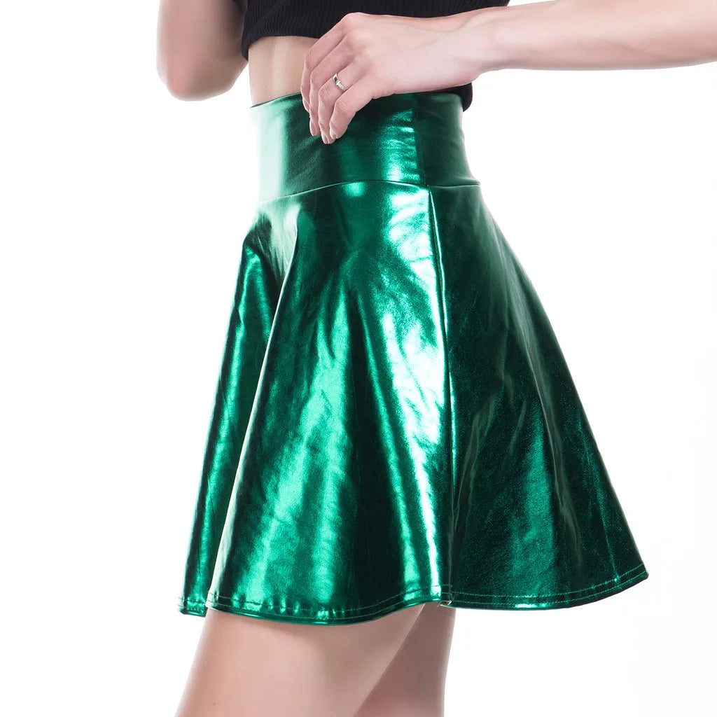 Girls' Fashion Bright High Street Casual Shiny Flared Pleated A-Line Mini Skirt Preppy Style Versatile Elastic High Waist Dress