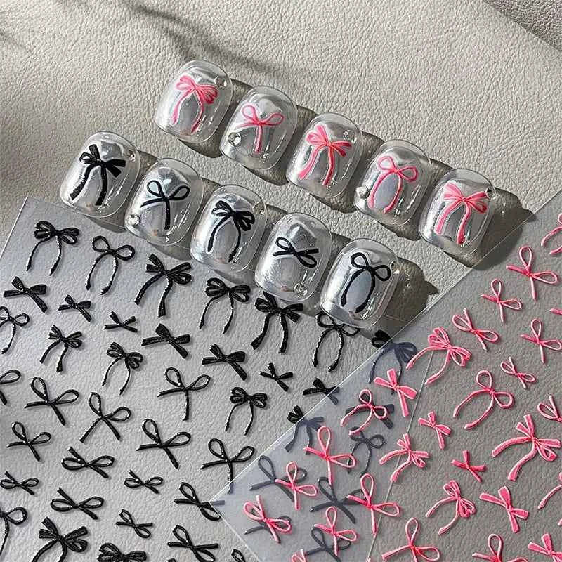 Brand Name Bowknot Nail Art Stickers - Vintage Self-Adhesive Decals in White, Pink & Black for Cute Manicures