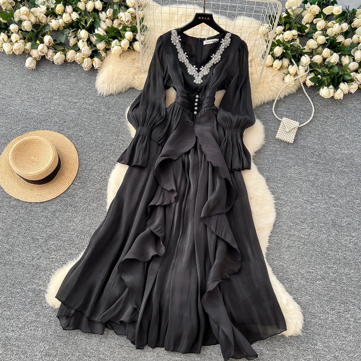 Spring Autumn Women Party Long Dress Elegant Female Red/Purple/Beige/Black Diamonds Patchwork Ruffle A-Line Maxi Vestidos New