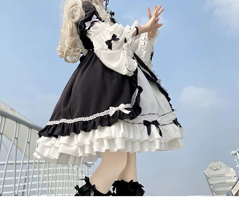 Contrast Color Japanese Dress Women Ruffled Patchwork High Waist Fairy Robe Y2k Aesthetic Ladies Sweet Dresses Vestido De Mujer