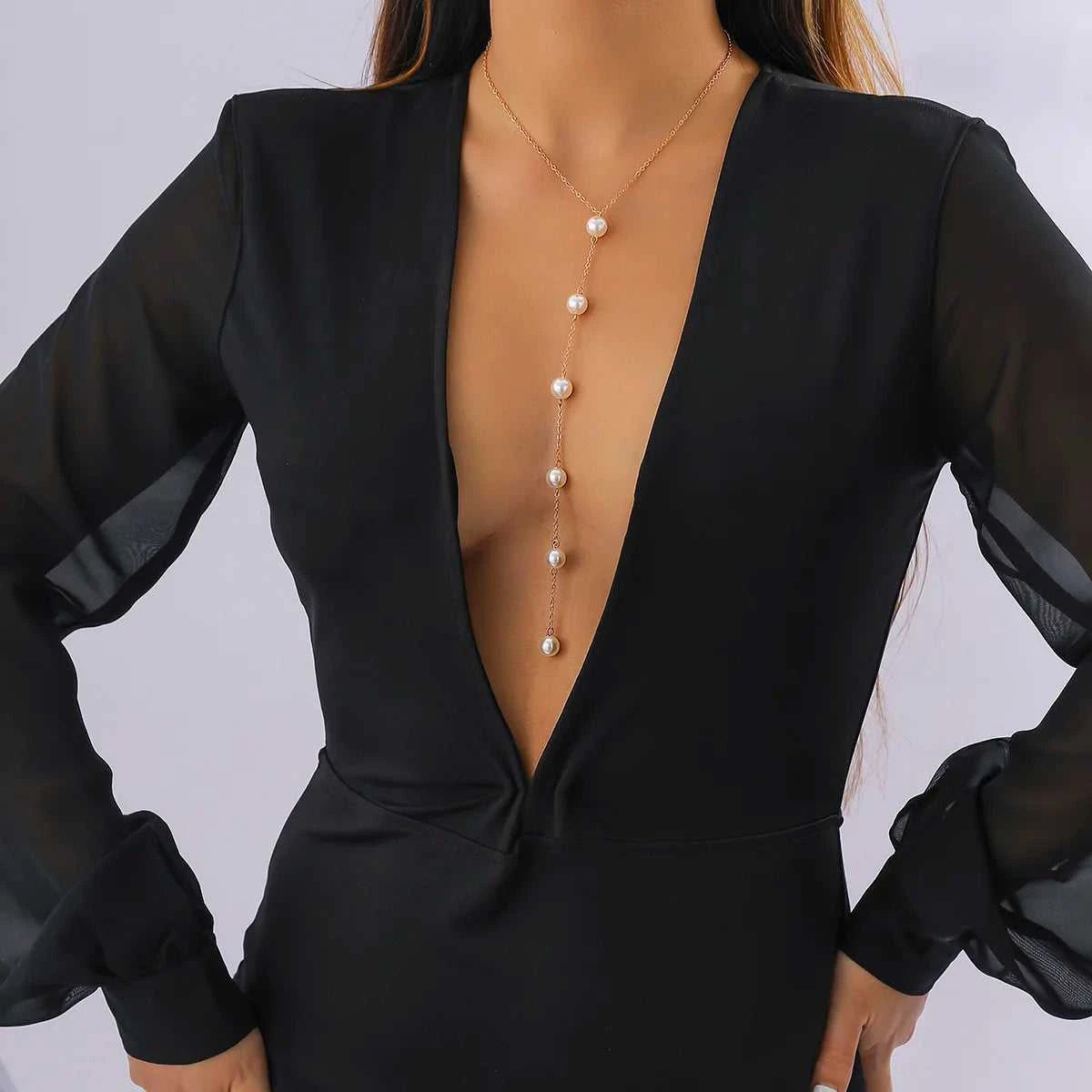 IngeSight.Z Simple Long Imitation Pearls Back Necklace For Women Sexy Tassel Harness Bikini Chest Chain Body Jewelry Mujer The jack market .AU The jack market .AU Jewellery & Chains $ 48 200001034:203027829#JS05178