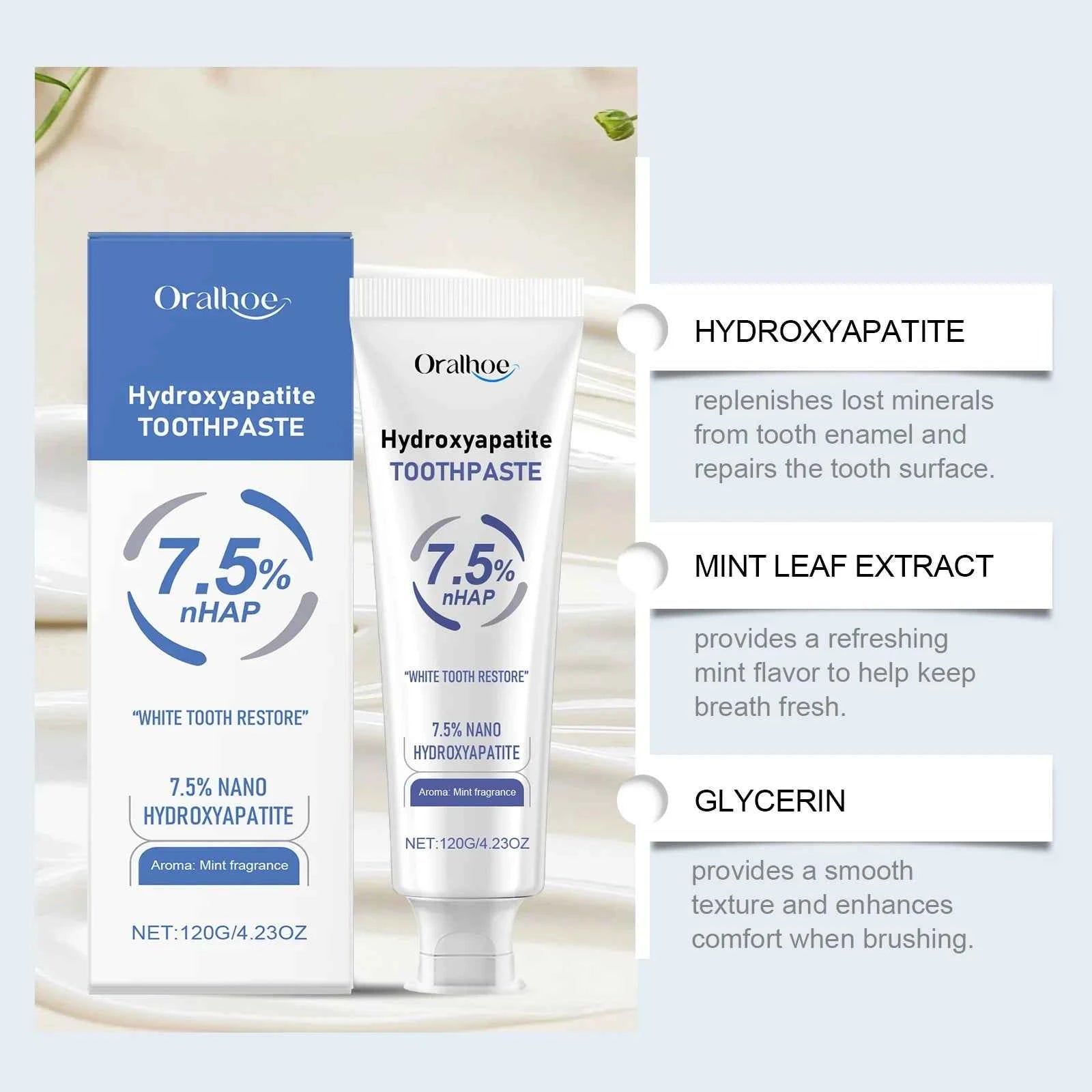 BrightSmile Hydroxyapatite Toothpaste - Mint Flavor, Breath Freshening, Stain Removal, Gum Repair, Teeth Whitening