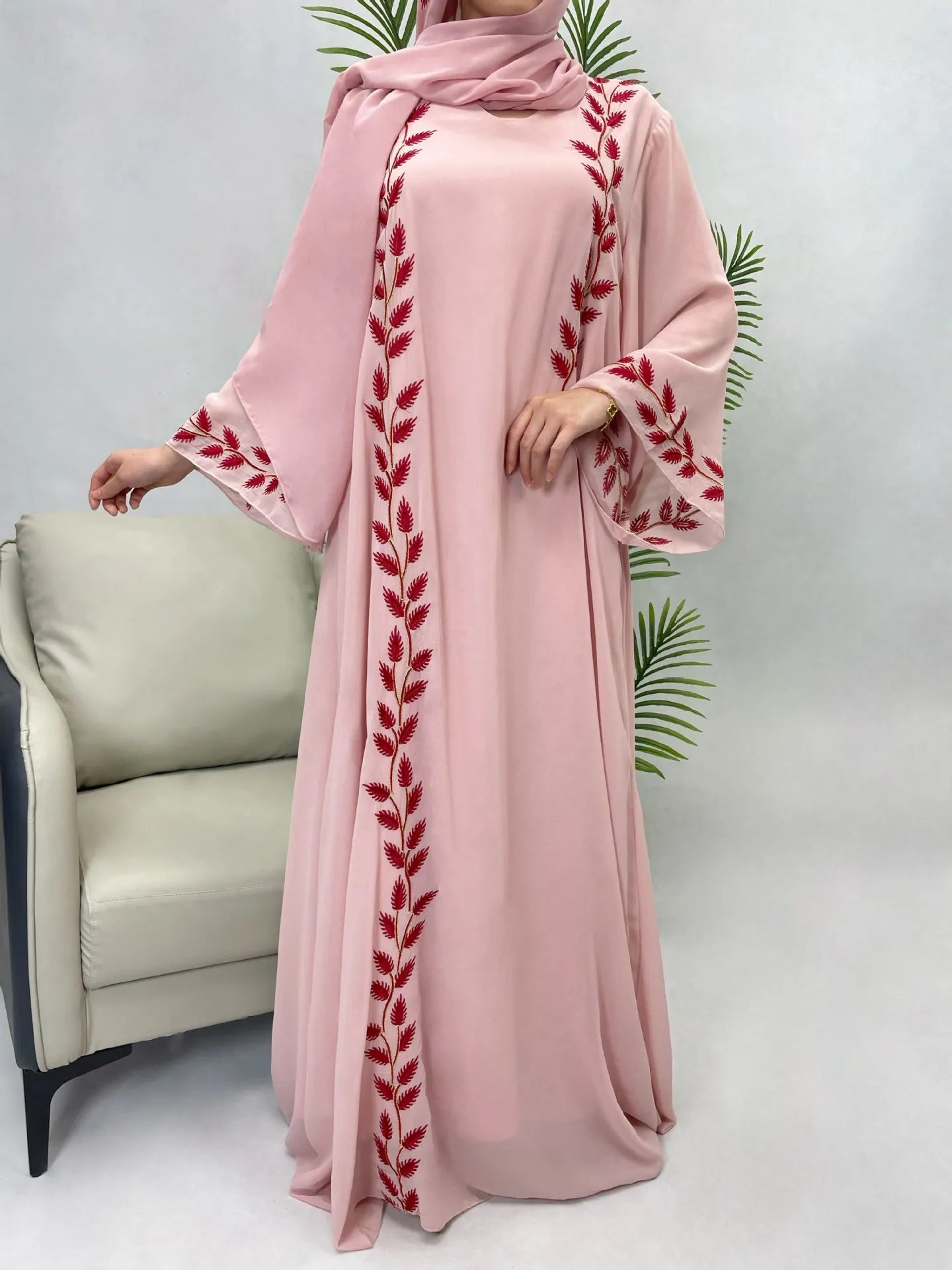 Women's Embroidery Abaya with Scarf – 2-Piece Muslim Dress Set