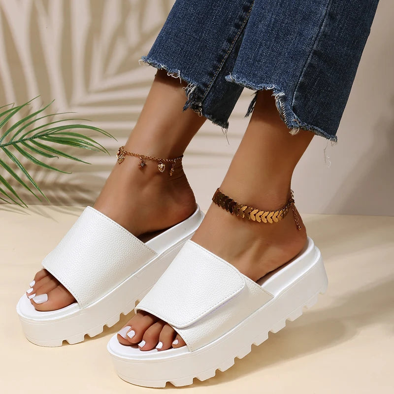 Rimocy Black PU Leather Platform Slippers Women Plus Size 43 Thick Soled Sandals Woman 2025 Summer Non-slip Slides Shoes Female