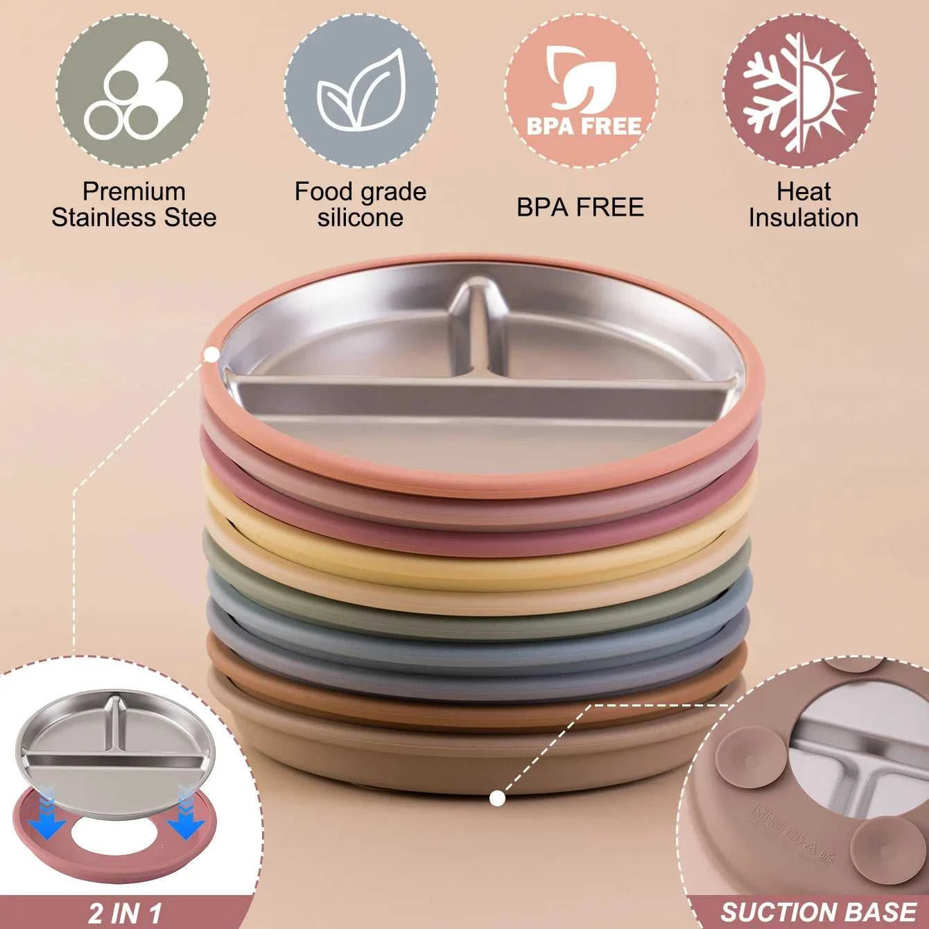 Color Kids 1PCS Stainless Steel Plate Detachable Suction Dishes Baby Feeding Sucker Bowl Food Grade Silicone Food Tray Tableware The jack market .AU The jack market .AU Mum & Kids: Essential Products for Every Family $ 29 14:496#55-sage