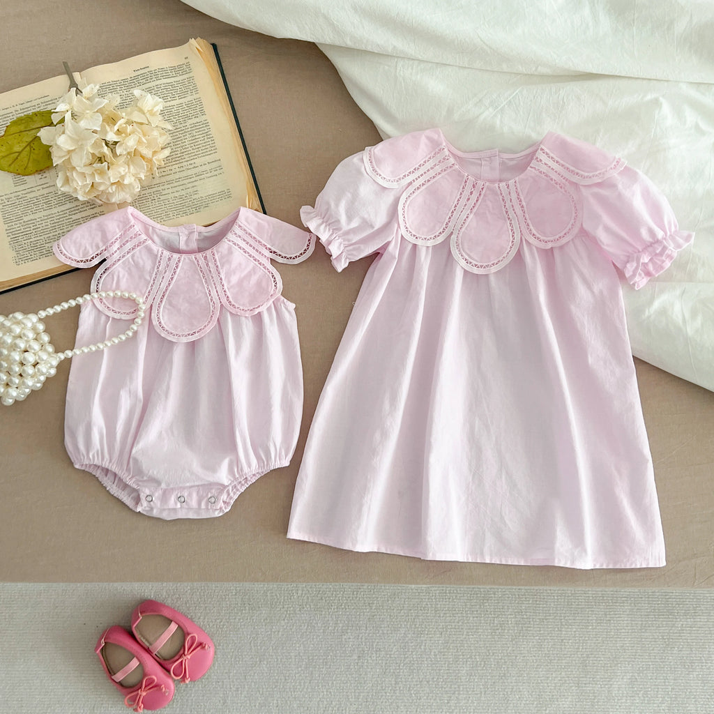 Sisters Dress Summer Kids Princess Dresses Short Sleeved Cotton Solid Color Splicing Infant Baby Romper Baby Girl Party Dress