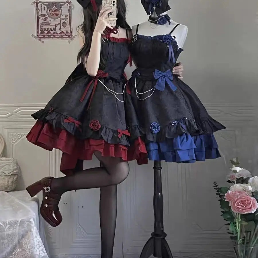 Gothic Lolita Summer Dress - High Waist Bow, Sweet Y2K Style Sling Robe for Women