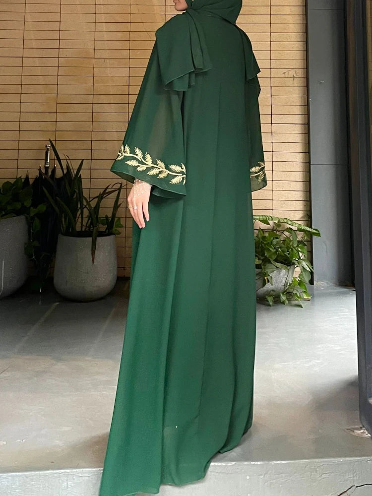Women's Embroidery Abaya with Scarf – 2-Piece Muslim Dress Set