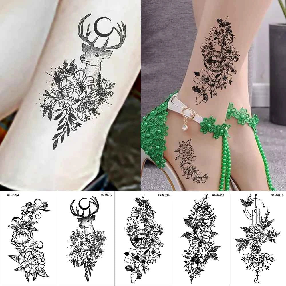 35pcs Realistic Peony Rose Temporary Tattoo Deer Crescent Floral Body Art Waterproof Stickers Lasting Arm Leg Hand Neck Tattoos*