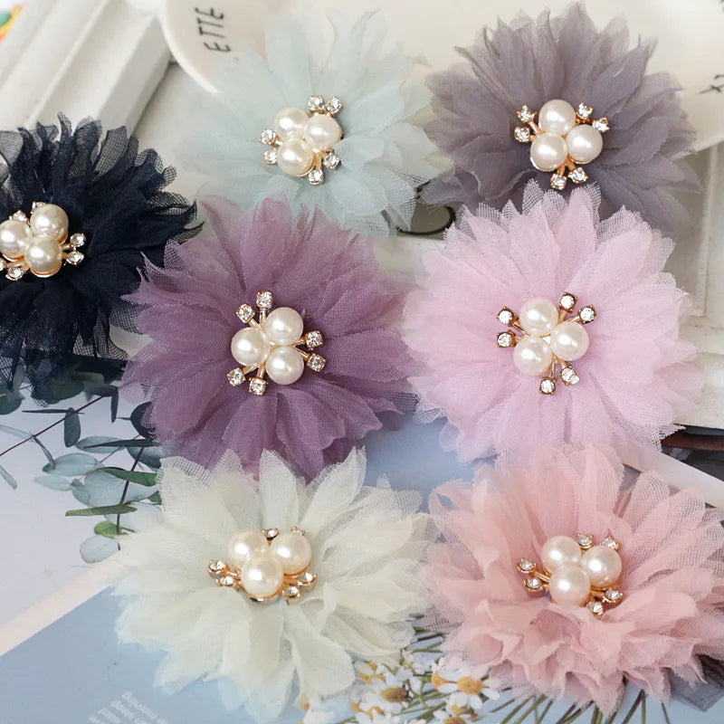 10PCS/Lot 6.5CM Pearl Center Handmade DIY Fabric Flowers Hair Accessories Dress Shoes Hats Decoration
