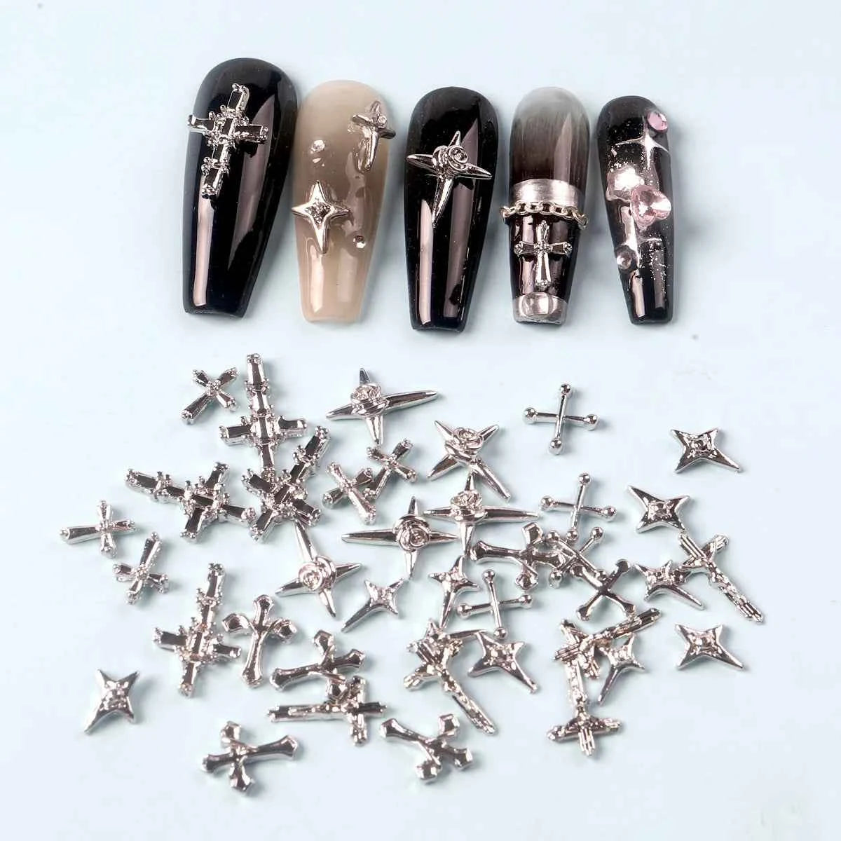 TSZS 50pcs/bag Mix Punk 3D Retro Cross Jewelry Nail Art Charms Mix Shape Grey Cross Nail Charms Nail Manicure Decoration