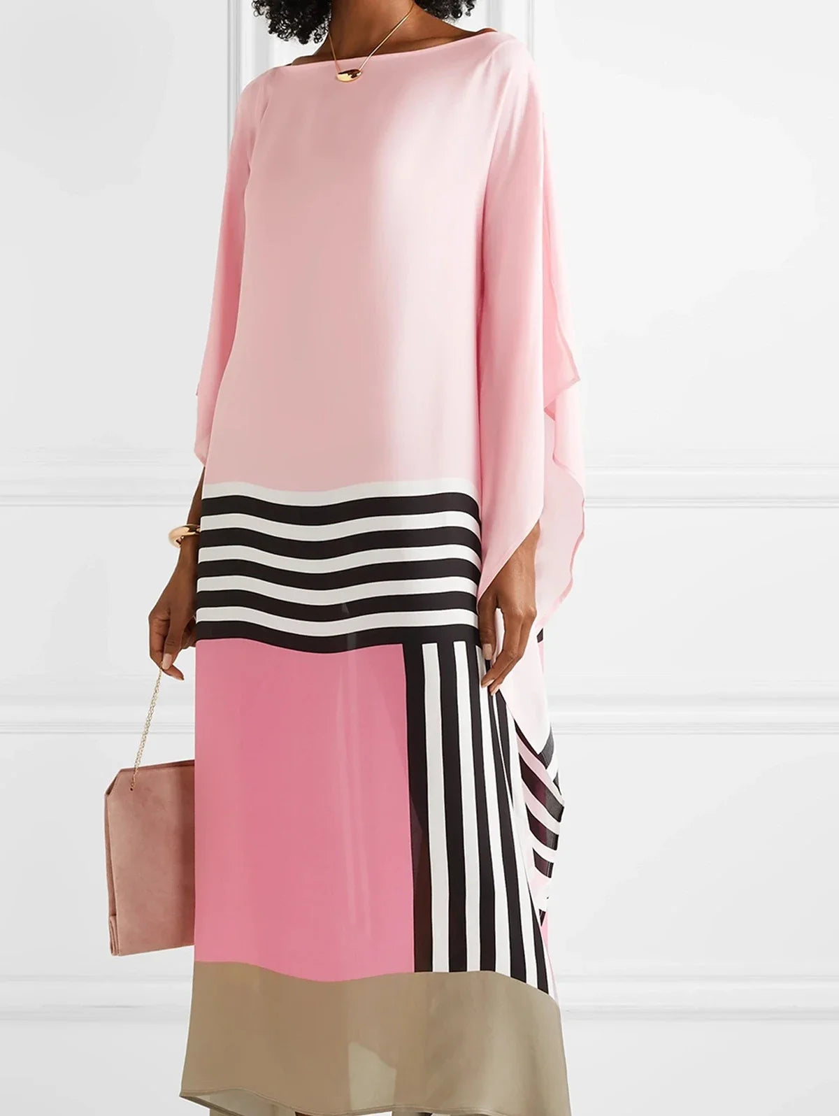 Retro Striped Print Patchwork Irregular Dress Women Spring Batwing Sleeve Loose Long Dress Summer Sexy Crew Neck Boho Maxi Dress