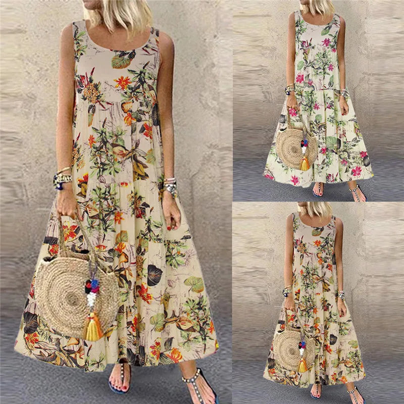 Women's Floral Boho Midi Dress – Loose Sleeveless Summer Dress