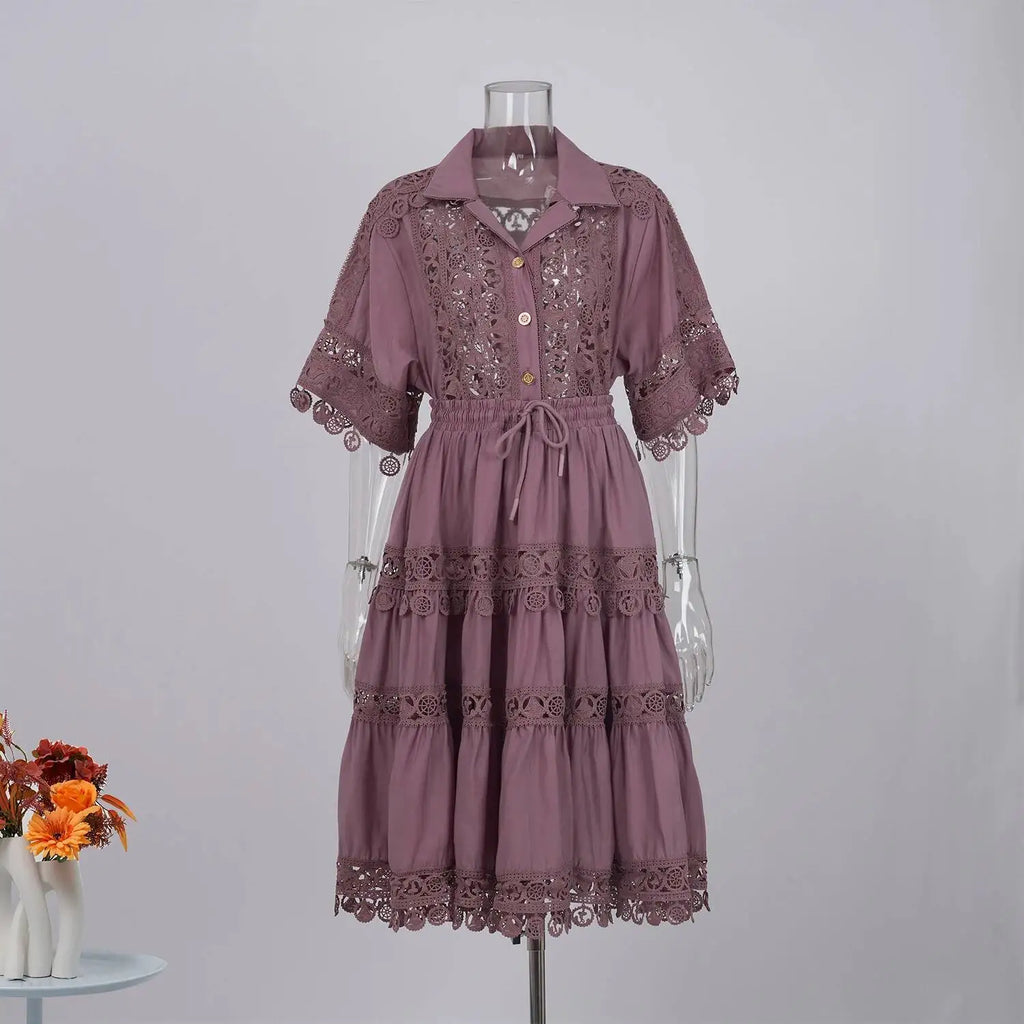 Quality Loose Hollow Out Dress Two Piece Set Women's Shirt Short Skirt Set Embroidered Lace Crop Tops Pleated Skirts Suits 2pcs