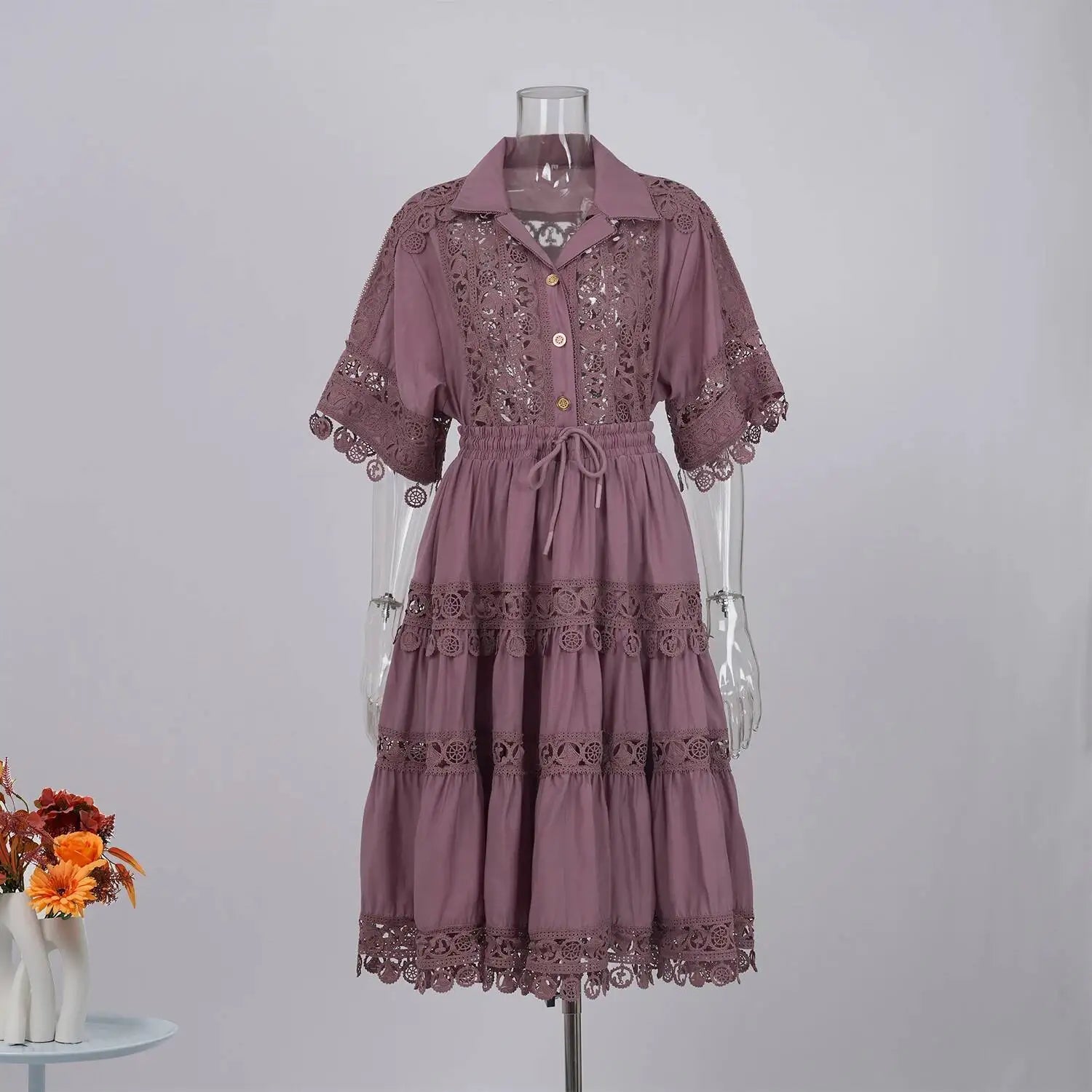Quality Loose Hollow Out Dress Two Piece Set Women's Shirt Short Skirt Set Embroidered Lace Crop Tops Pleated Skirts Suits 2pcs