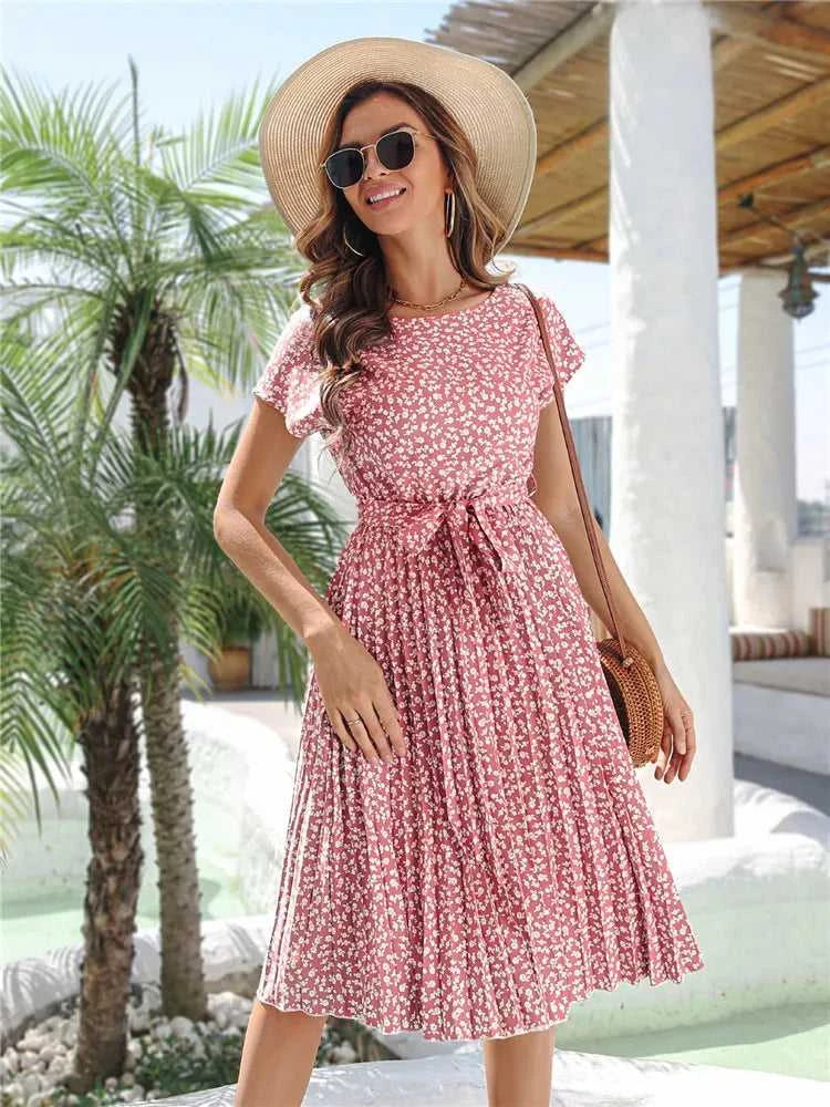 Msfilia Summer Print Pleated A Line Long Dress Women Short Sleeve High Waist Spring Round Neck Chic Dress with Belt The jack market .AU The jack market .AU Woman Fashion $ 88 14:200004870#Flower NavyBlue;5:100014065