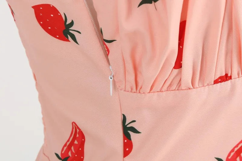 Vintage Charm Summer Midi Dress - Cute Print, Ruched Bust, High Waist for Effortless Beach Style
