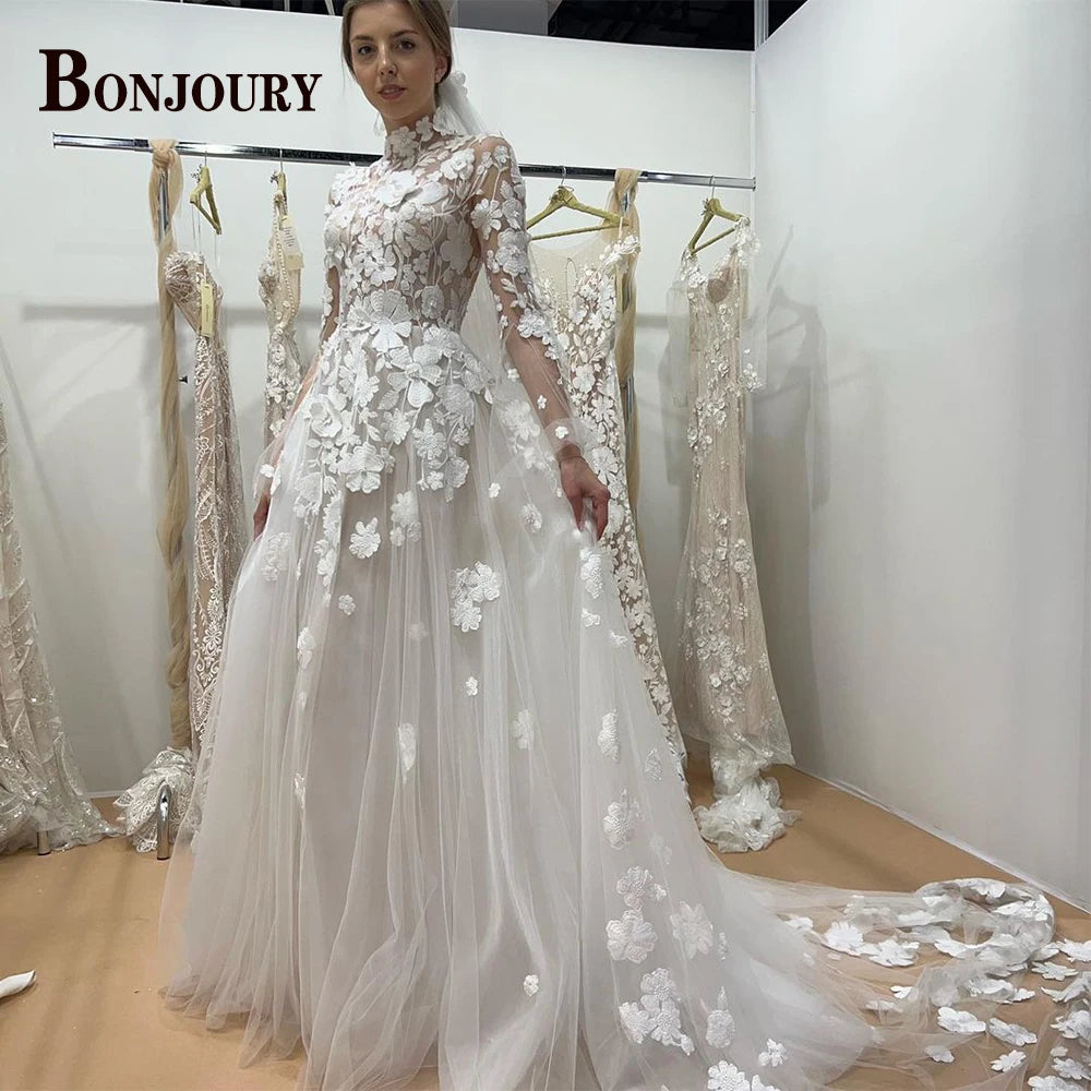 BONJOURY V-neck Satin Wedding Dress with Pockets & Chapel Train for Confident Brides
